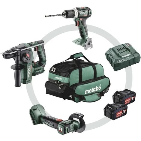 METABO Perceuse-visseuse Sans Fil, Marteau Perforateur Sans Fil + Meuleuse Dangle Sans Fil, + 2 Batteries, + Chargeur, + Houss 3 METABO Perceuse-visseuse Sans Fil, Marteau Perforateur Sans Fil + Meuleuse Dangle Sans Fil, + 2 Batteries, + Chargeur, + Houss